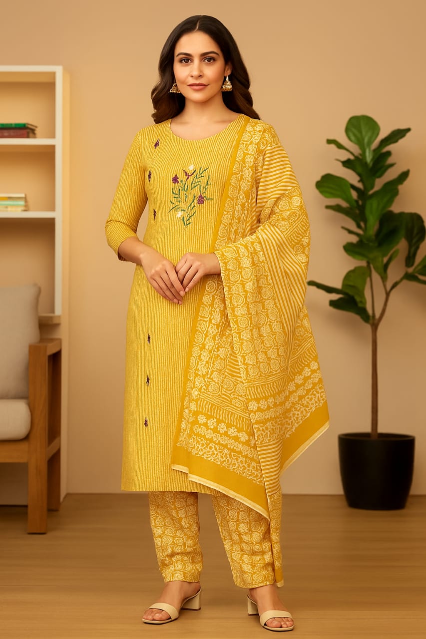 Pure Cotton Three-Piece Unstitched Suit Set | Ananya Creations