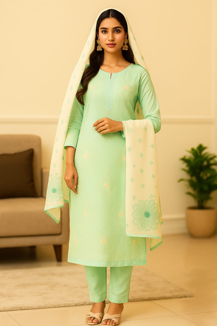 Meadow Mist – Soft Cotton Embroidered Ensemble