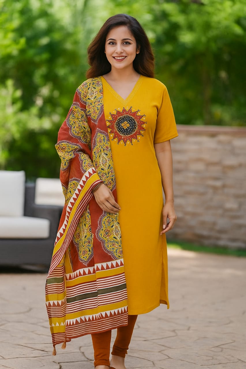 "Ananya Creations Premium Cotton Suit in Yellow Shade – Unstitched & Elegant"