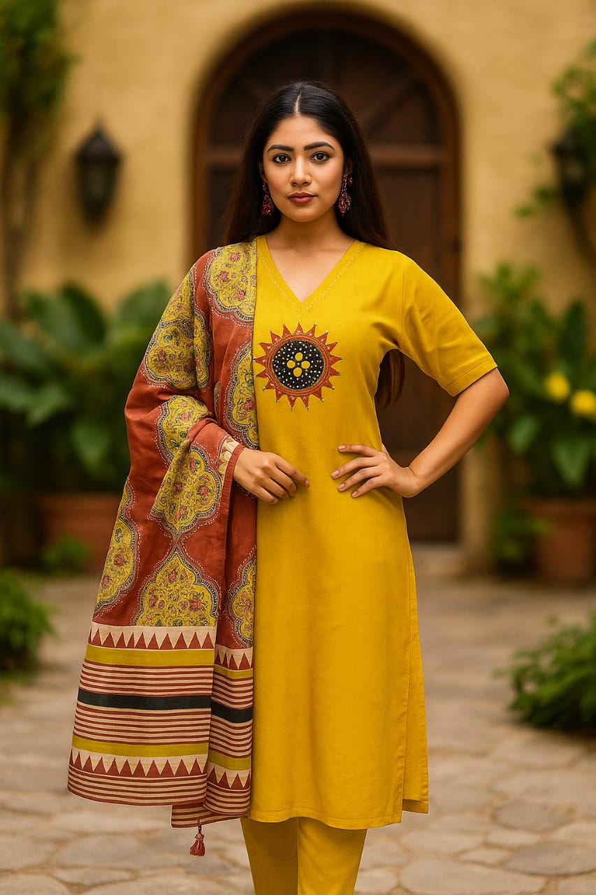 "Ananya Creations Premium Cotton Suit in Yellow Shade – Unstitched & Elegant"